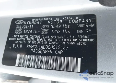 2012 Hyundai Accent Se z USA, uszkodzony, nr VIN KMHCU5AE0CU013137